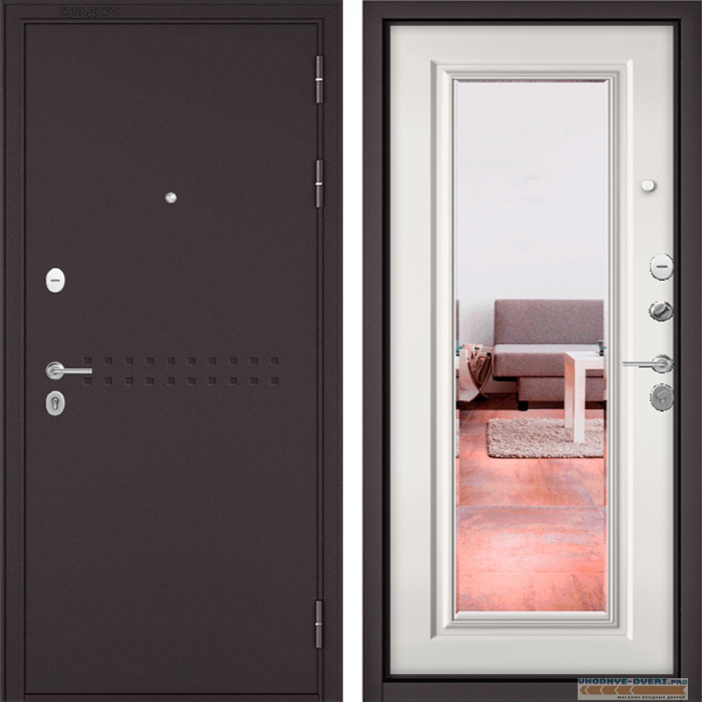 Дверь Бульдорс MASS 90 Букле шоколад R-4 / Белый софт 9S-140 зеркало